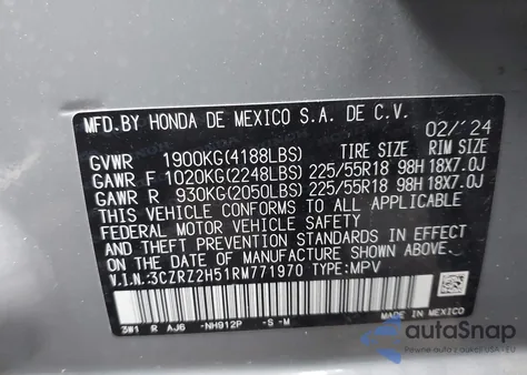 2024 Honda Hr-V Awd Sport/Awd Sport W/O Bsi из США, поврежденный, VIN 3CZRZ2H51RM771970